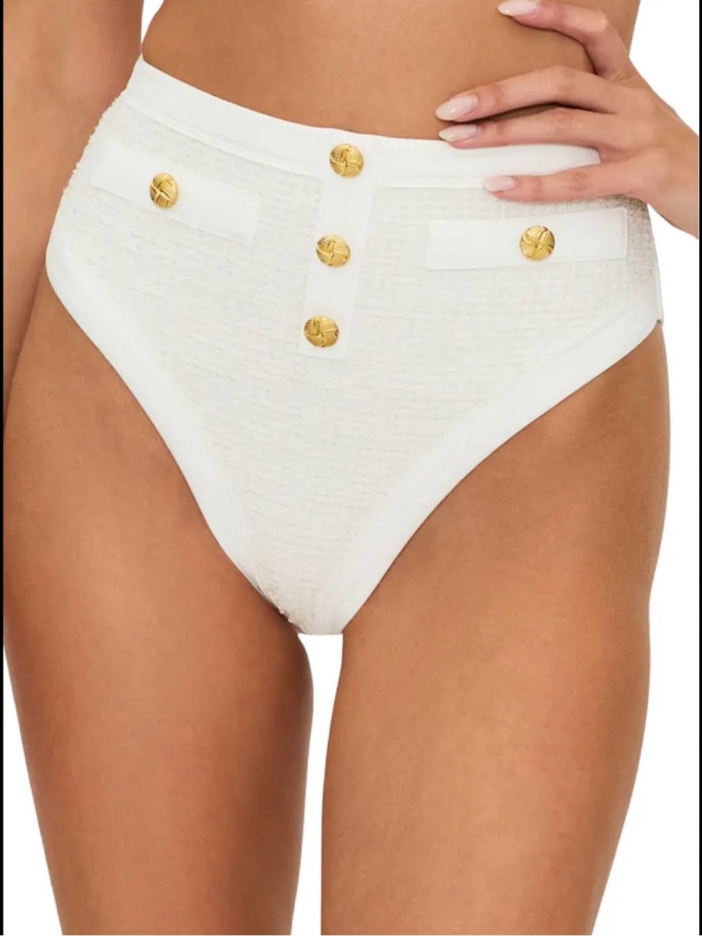 Beach Riot White High-Waist Bikini Bottom with Gold Buttons